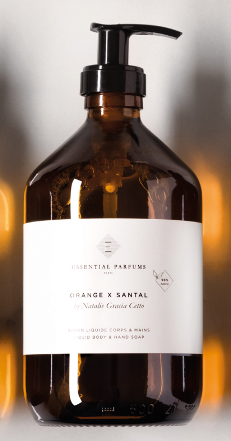 Savon liquide corps et mains Orange & Santal - Essential Parfums